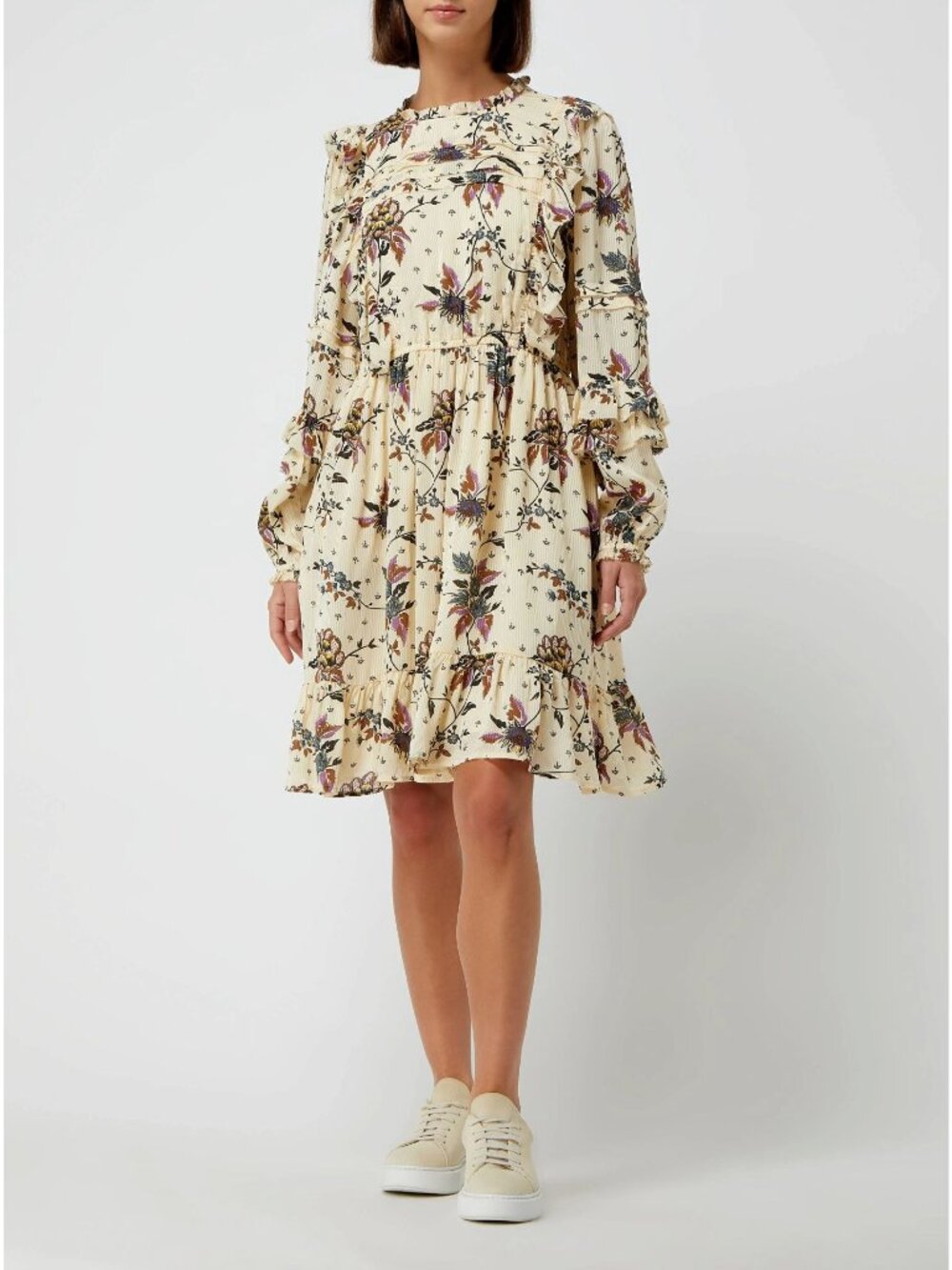 Scotch & Soda Floral Print Ruffle Dress Creamy Ivory Long Sleeve Mini Boho Large